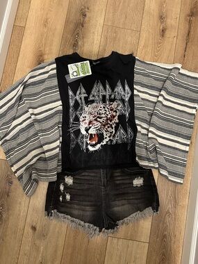 Shannon Passero Upcycled Def Leppard Band Tee with Striped Kimono Sleeves